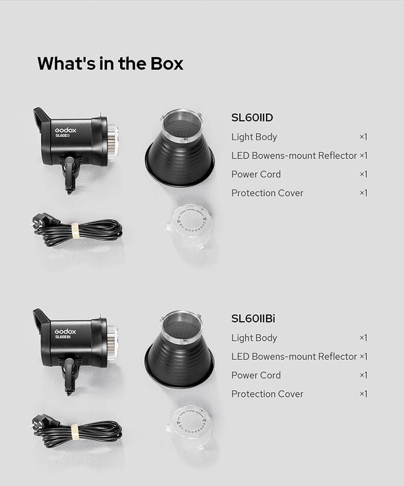 Godox SL60IID LED light packaging and accessories