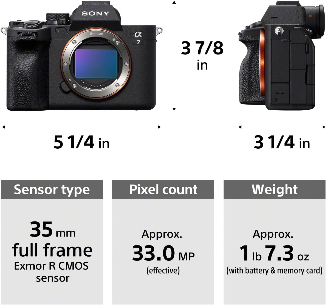 Sony camera with dimensions, sensor details, and weight information displayed.