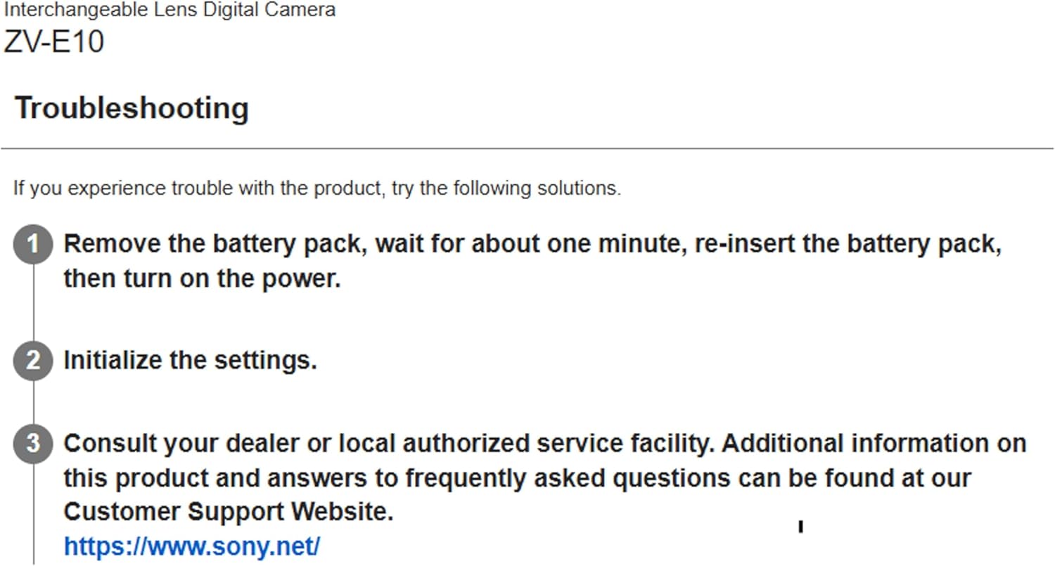 Troubleshooting guide for a Sony interchangeable lens digital camera on a white background