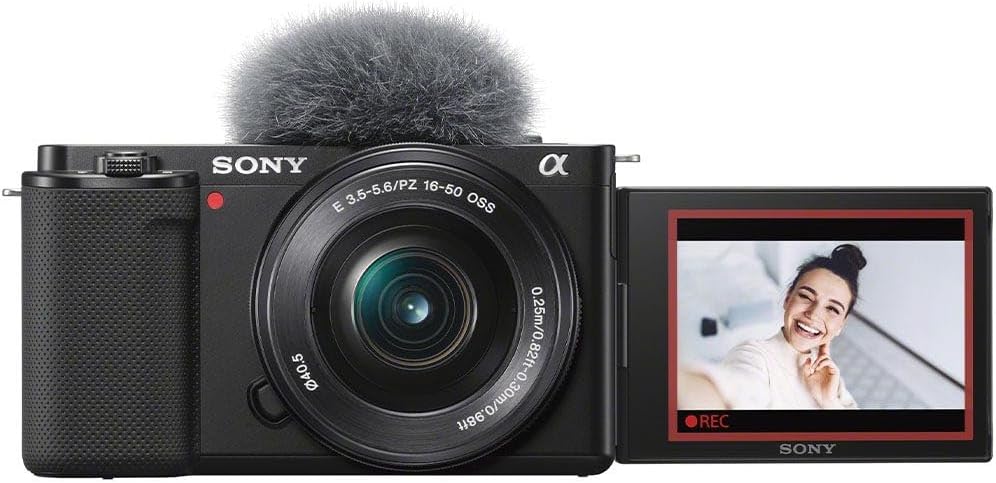 Sony camera with microphone attachment and display screen showing a person.