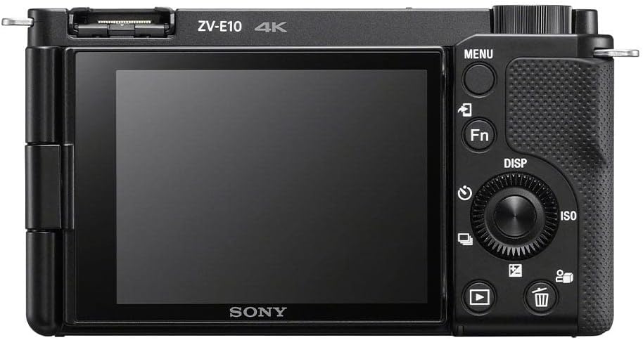 Sony ZV-E10 camera with screen and control buttons on a black background